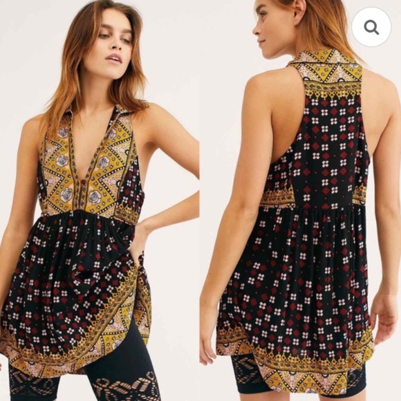 Free People Charlotte Sleeveless Printed Long Top Fall Colors Women's Large Boho - Picture 1 of 11
